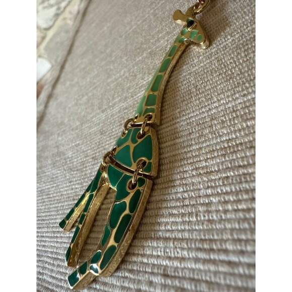 Gold-Tone Giraffe Pendant Necklace With Green Enamel On Long Chain - Picture 6 of 15
